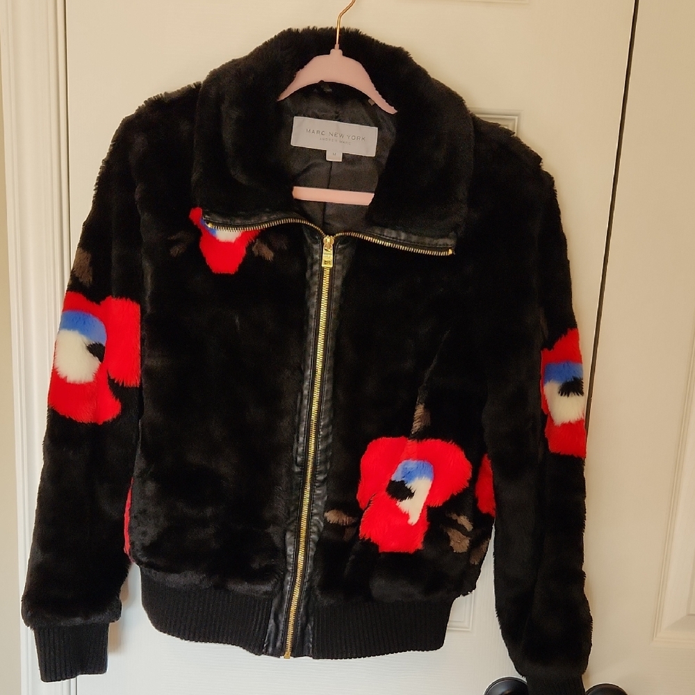 Marc New York Women's Black Jacket with Red and Blue Floral Accents
